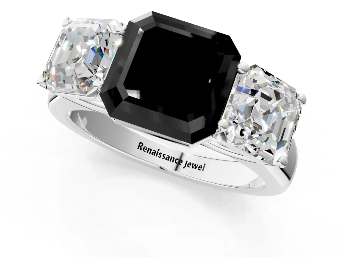 Fancy Black Asscher Cut Three-Stone Diamond Ring with Prong Setting on a Classic Band Platinum