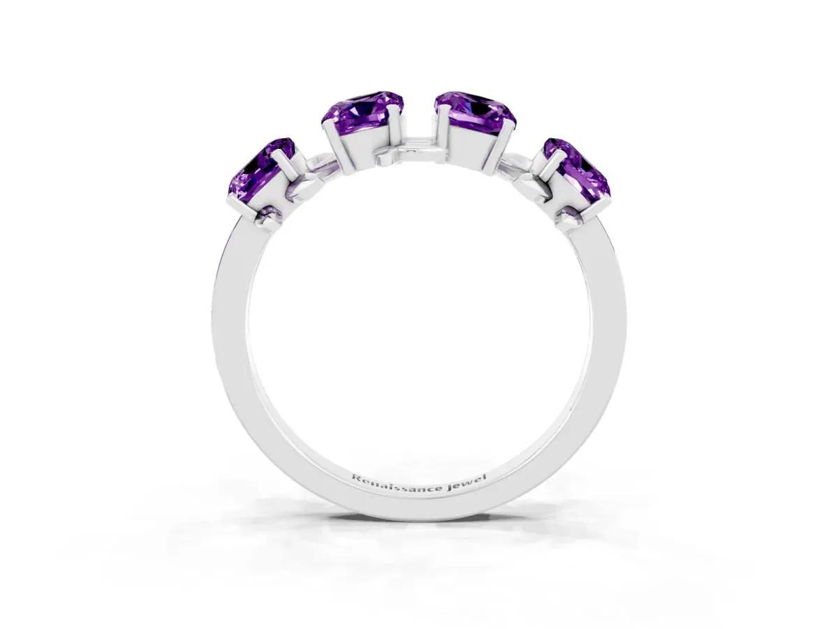 Four-Stone Elongated Cushion Amethyst Band with Nature-Inspired Prong Setting Silver