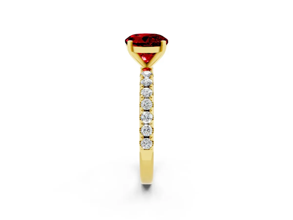 Round Cut Ruby Solitaire Pavé Band with Four-Prong Setting Yellow gold