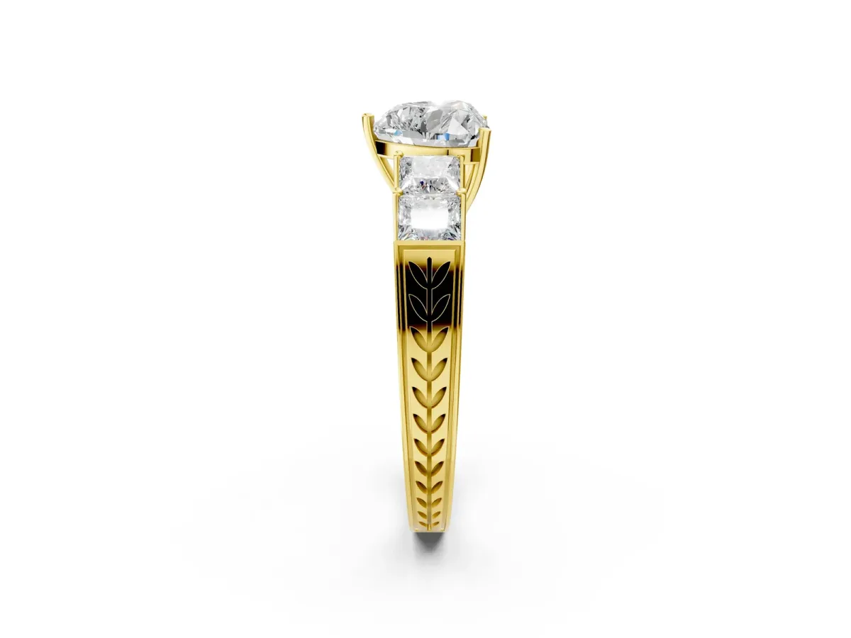 Heart Cut Solitaire Princess Side Stone Engraved Band Prong Setting Ring Yellow gold