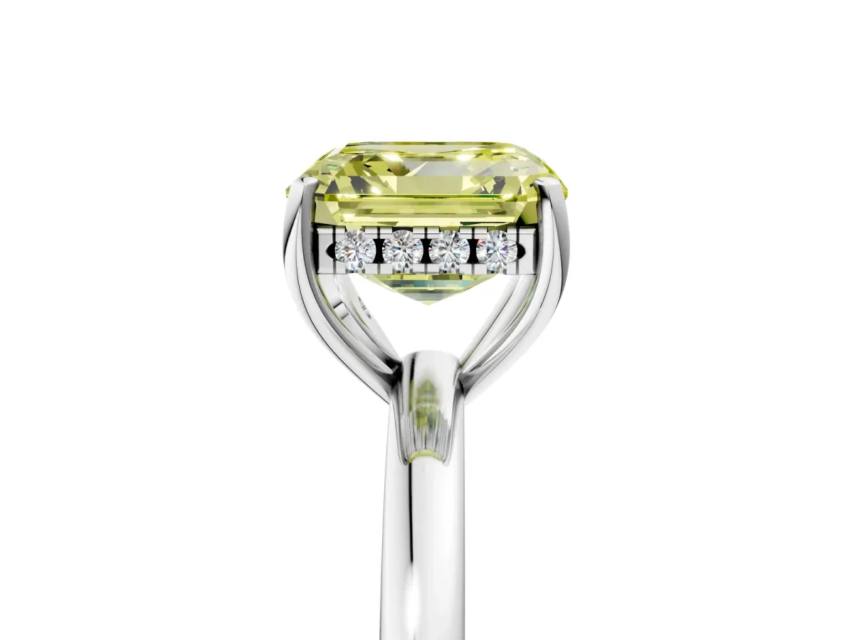 Fancy Yellow Asscher Cut Solitaire Diamond Ring with Prong Setting and Plain Band Silver