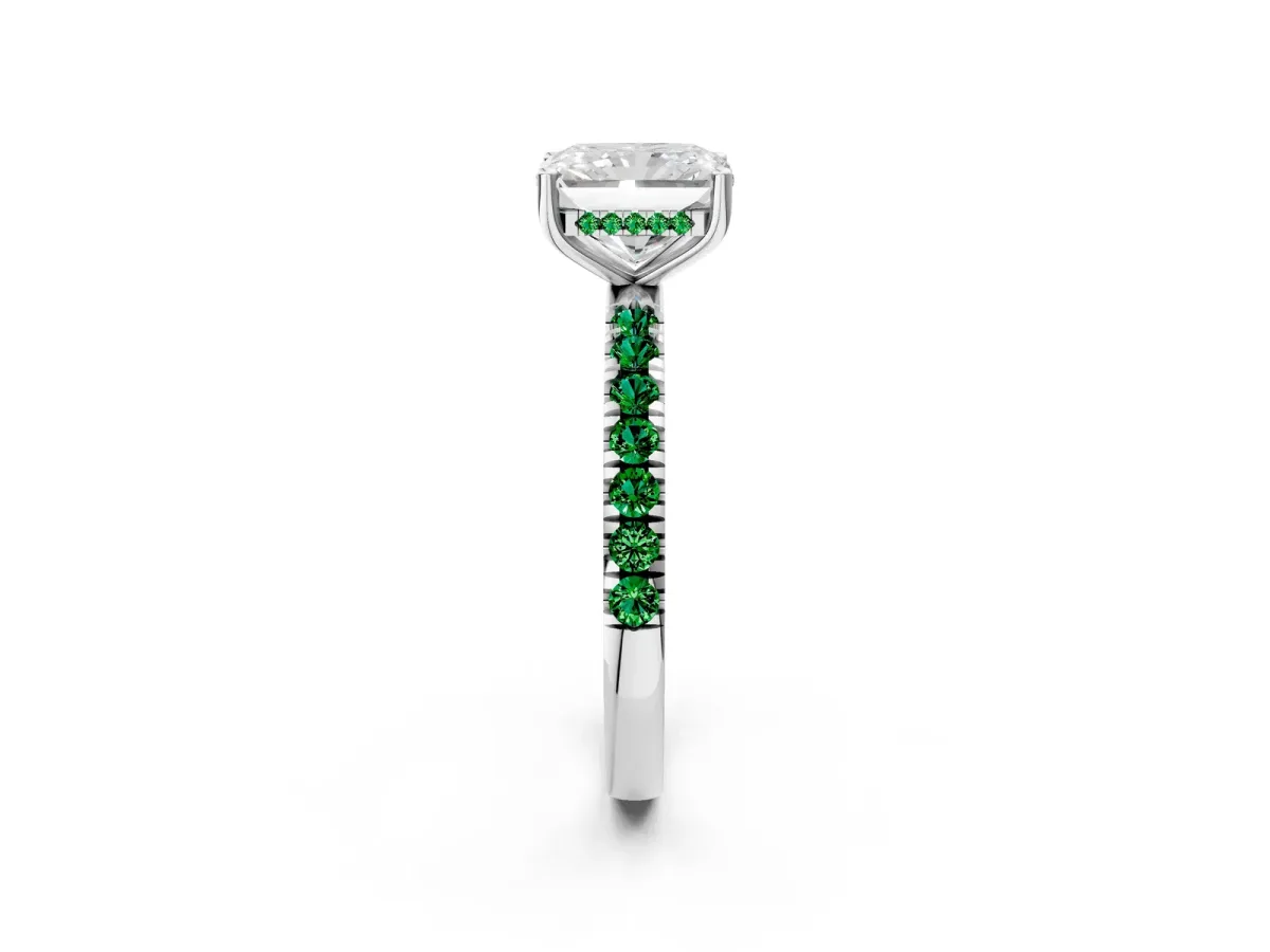Radiant Cut Diamond Pave Band Solitaire Ring with Round Emerald and Prong Setting Silver