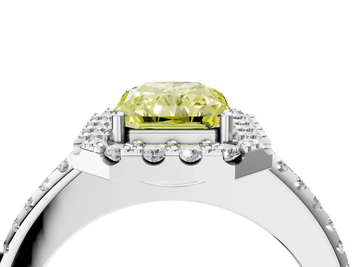 Fancy Yellow Radiant Cut Diamond Pavé Halo Ring with Four-Prong Setting Platinum