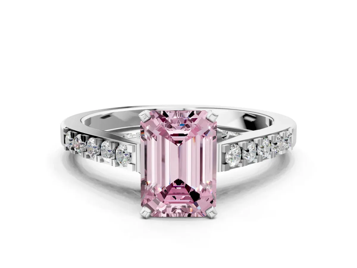 Fancy Pink Emerald Cut Diamond Solitaire Ring with Crossover Gallery and Round Pavé Band Silver