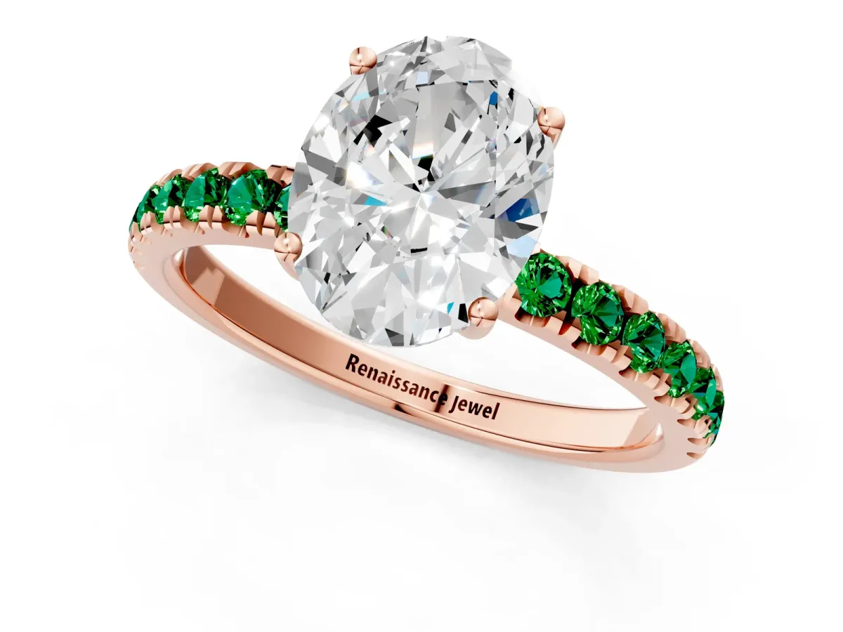 Oval Cut Diamond Pave Band Solitaire Ring with Round Emerald and Prong Setting Rose gold