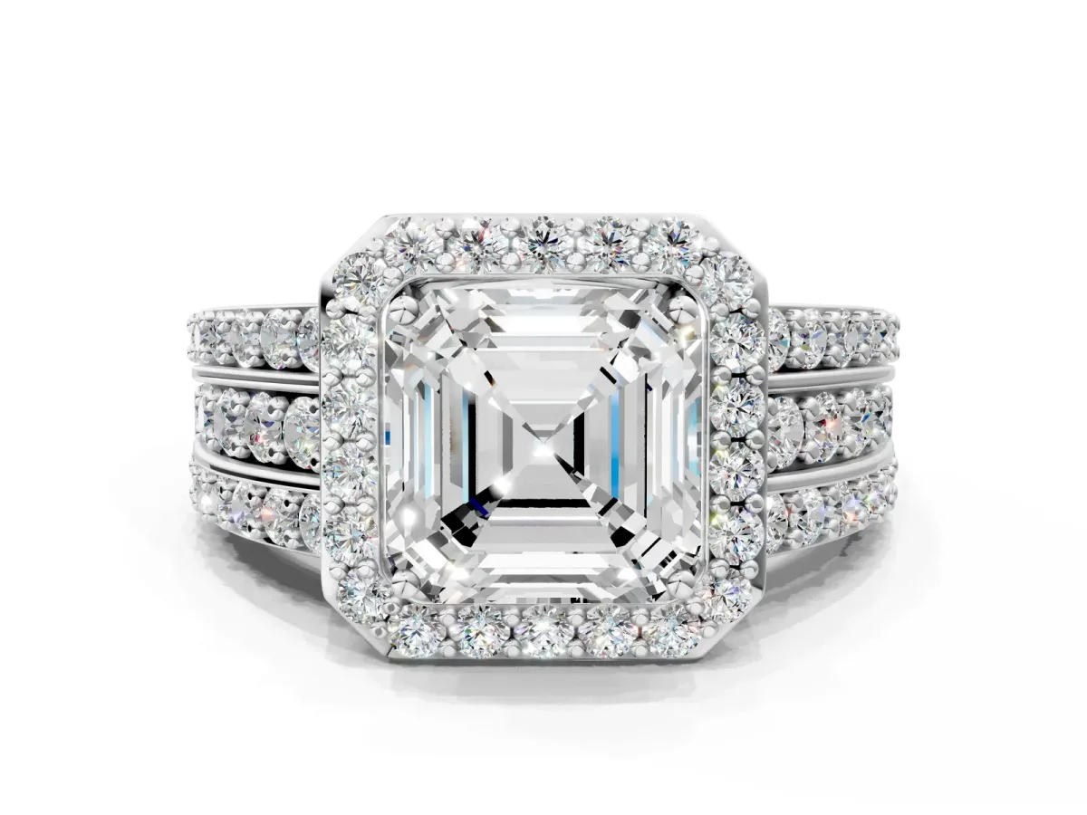Asscher Cut Halo Diamond Ring with Round Split Shank and Prong Setting Platinum