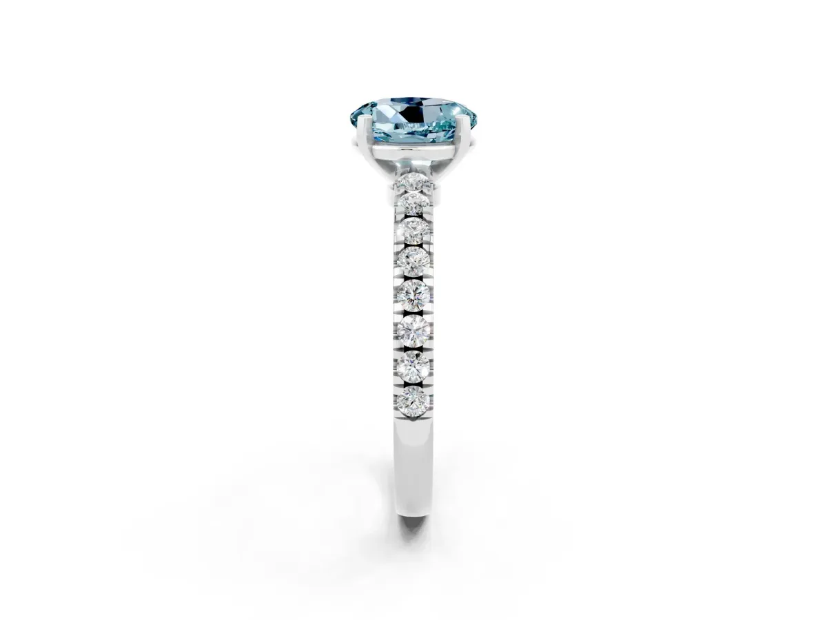 Round Cut Solitaire Aquamarine with Pavé Band and Four-Prong Setting Silver