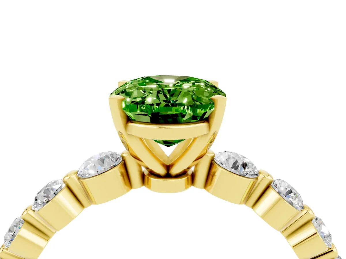 Oval Cut Solitaire Peridot Ring with Pave Band and Four-Prong Setting Yellow gold