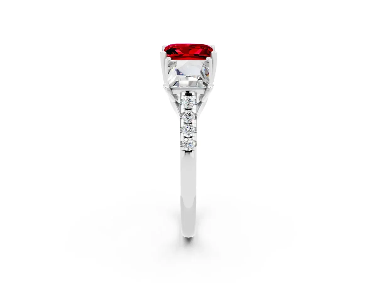 Three-Stone Princess Cut Ruby Ring with Round Pavé Band and Prong Setting White gold