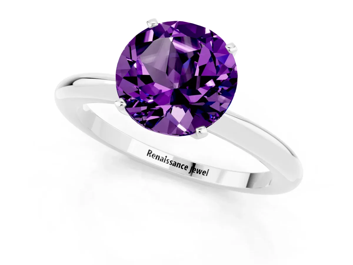 Round Cut Amethyst Solitaire Ring with Six-Prong Setting and Classic Band Silver