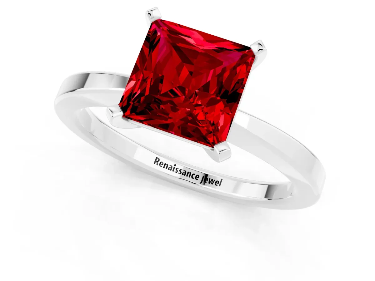 Princess Cut Ruby Solitaire Engagement Ring with Classic Band and Four-Prong Setting Platinum
