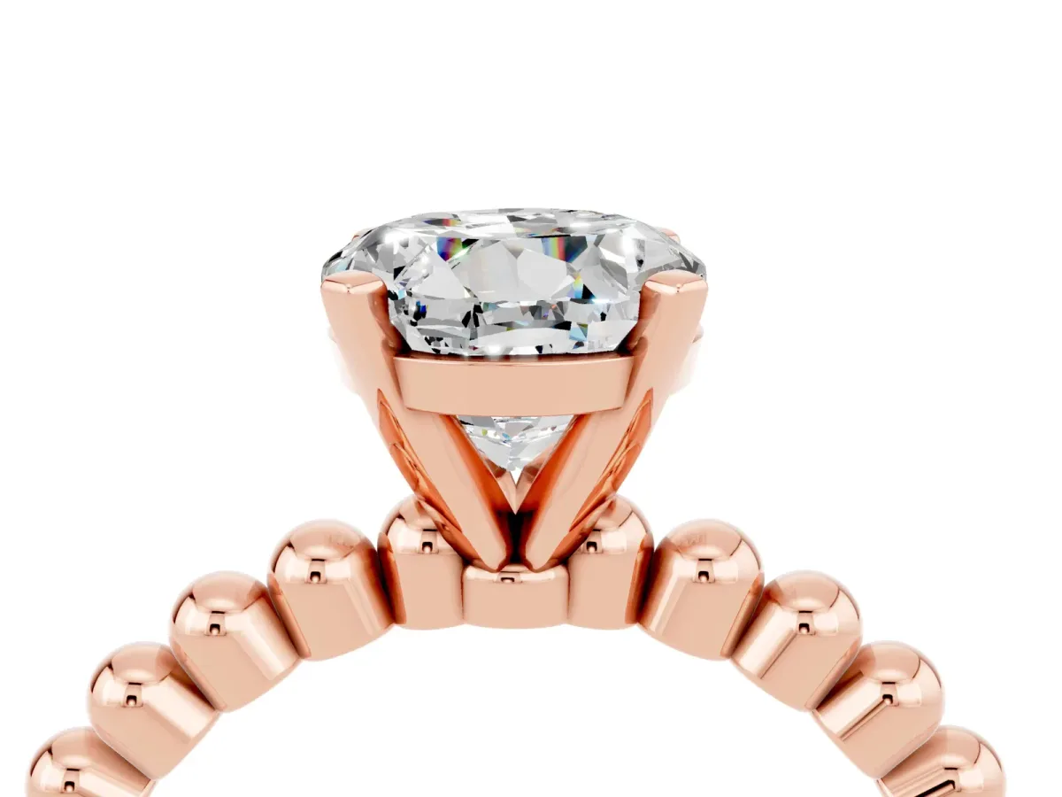 Round Cut Moissanite Solitaire Ring with Beaded Band and Prong Setting Rose gold