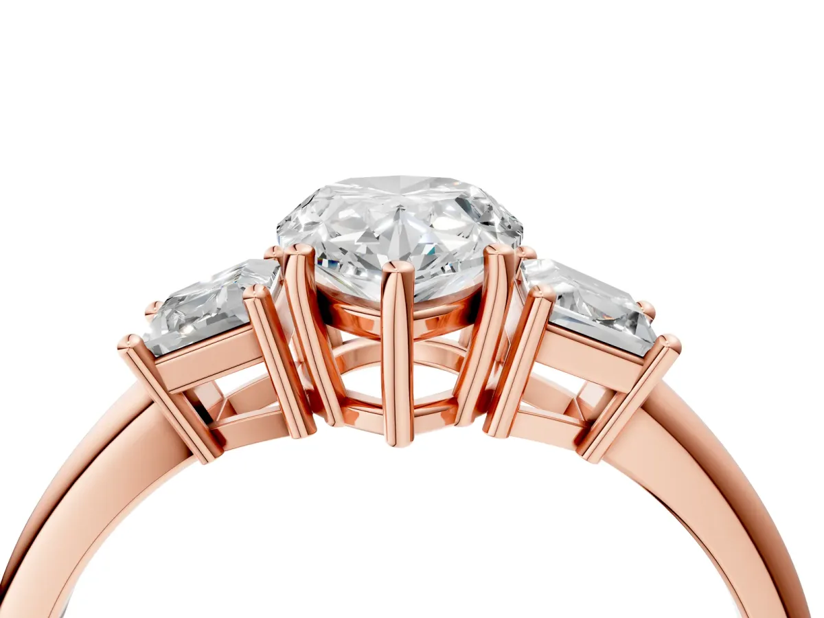 Pear Cut Diamond Three-Stone Ring with Trapezoid Side Stones and Prong Setting Rose gold