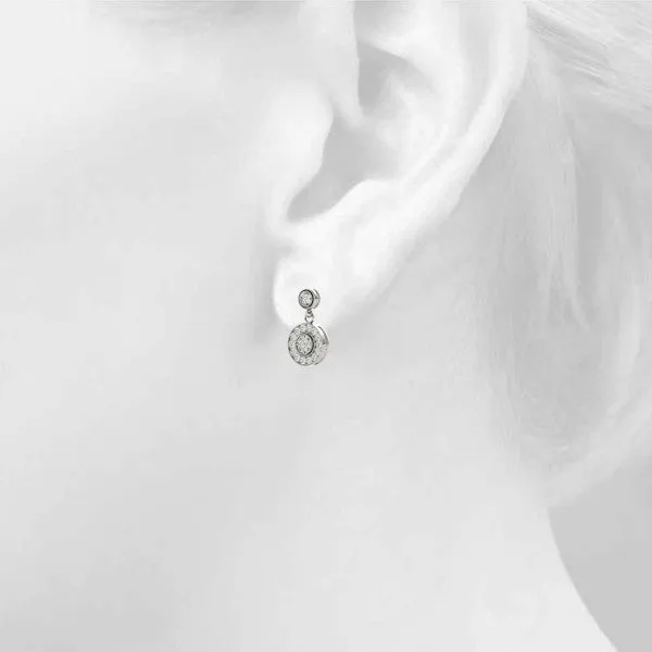 Round Halo Diamond Drop Earrings with Milgrain Bezel Setting Silver