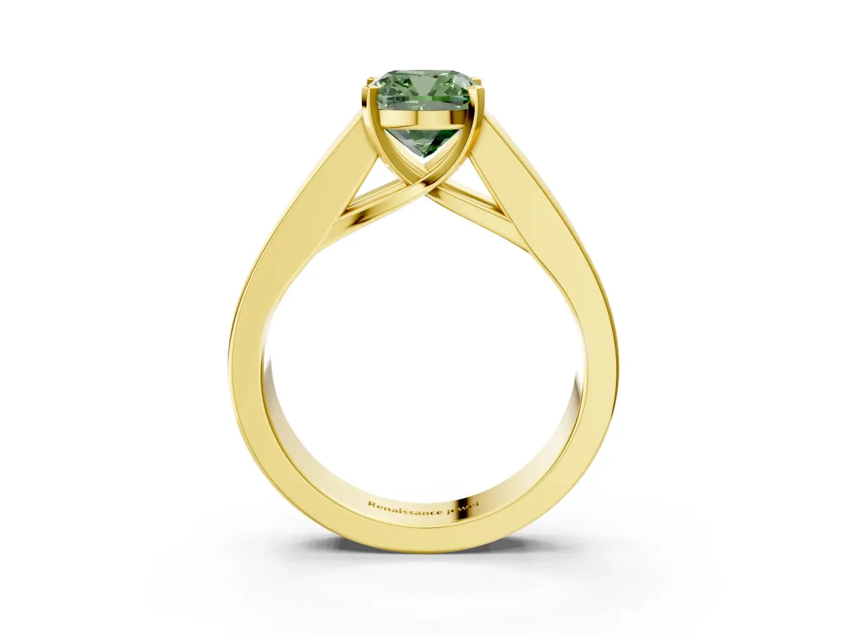 Fancy Green Cushion Cut Cut Channel Set Solitaire Ring with Four-Prong Setting Yellow gold