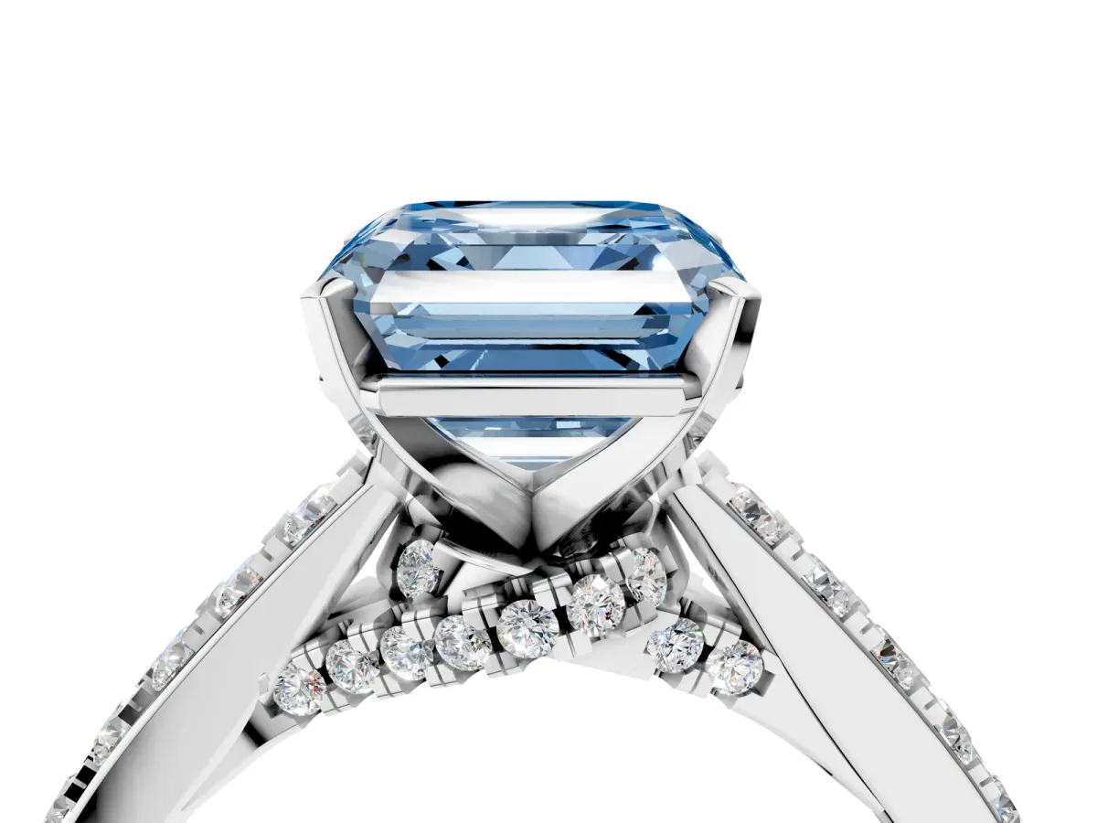 Fancy Blue Asscher Cut Diamond Solitaire Ring with Crossover Gallery and Round Pavé Band Silver