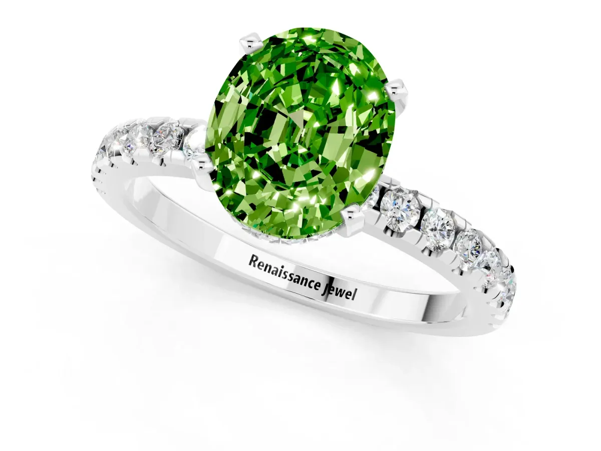 Oval Cut Peridot Solitaire Ring with Round Pavé Band and Four-Prong Setting Platinum