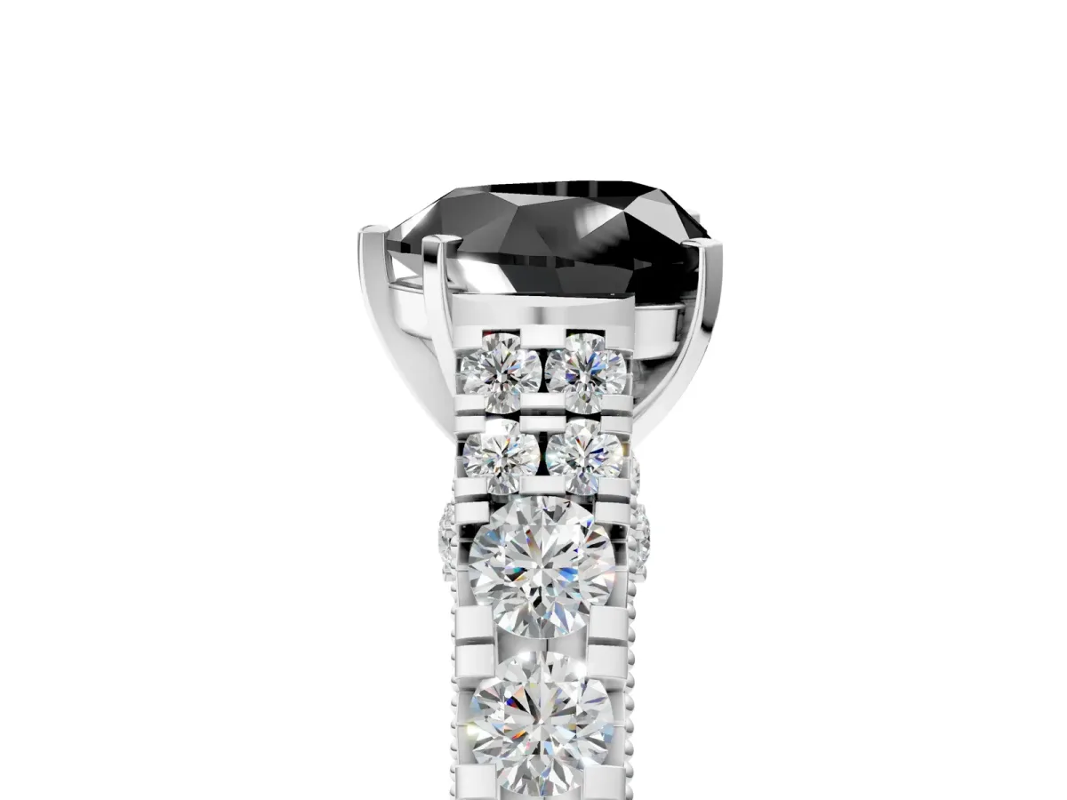 Fancy Black Heart Cut Diamond Classic Solitaire Ring with Pavé Band and Four-Prong Setting Silver