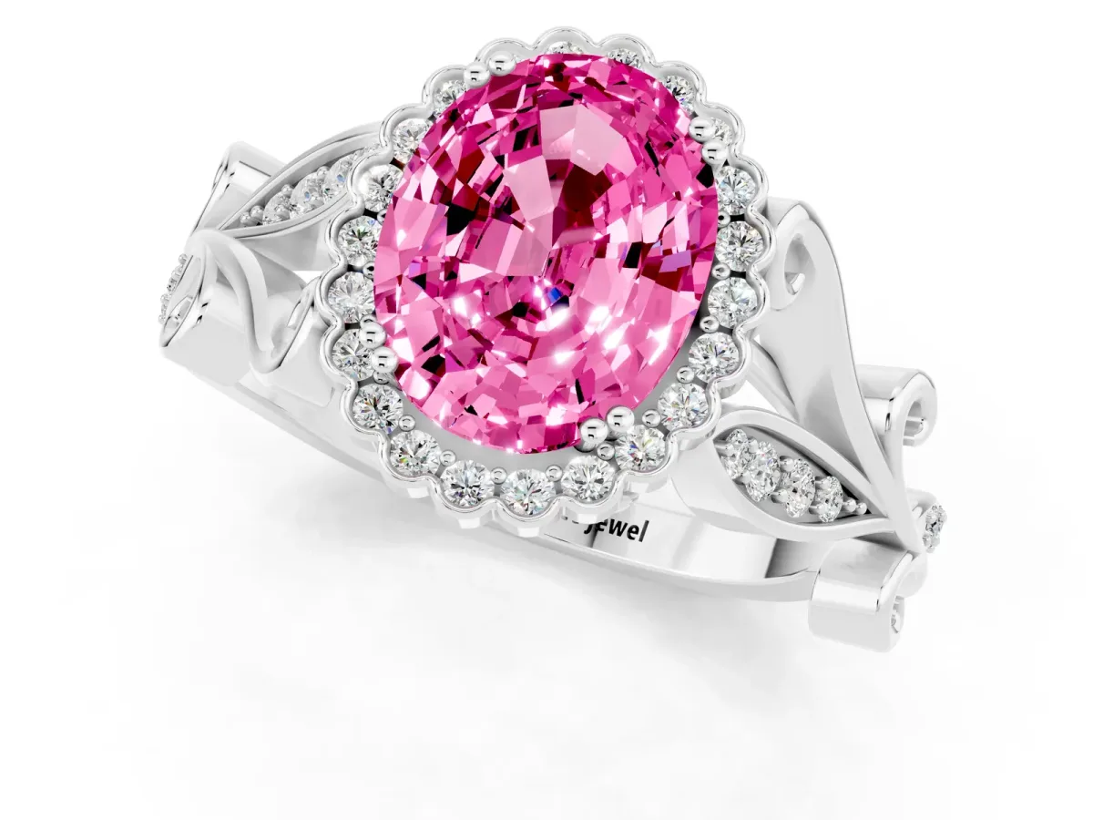 Oval Cut Pink Sapphire Halo Ring with Vintage Split Shank and Four-Prong Setting Silver