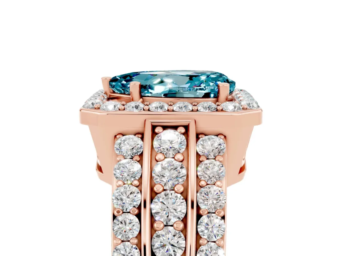 Pear Cut Halo Blue Topaz Ring with Round Split Shank and Prong Setting Rose gold