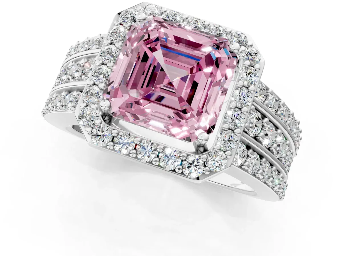 Fancy Pink Asscher Cut Halo Diamond Ring with Round Split Shank and Prong Setting Platinum