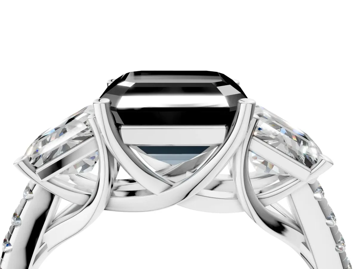 Fancy Black Three-Stone Asscher Cut Diamond Ring with Round Pavé Band and Prong Setting Silver