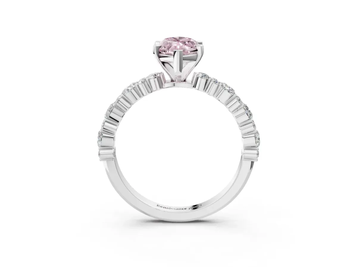 Fancy Pink Marquise Cut Diamond Side Stone Solitaire Ring with Round and Four-Prong Setting Silver