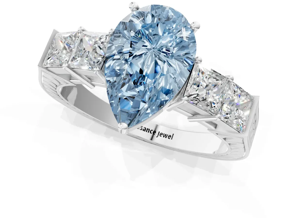 Fancy Blue Pear Cut Solitaire Princess Side Stone Engraved Band Prong Setting Ring Silver