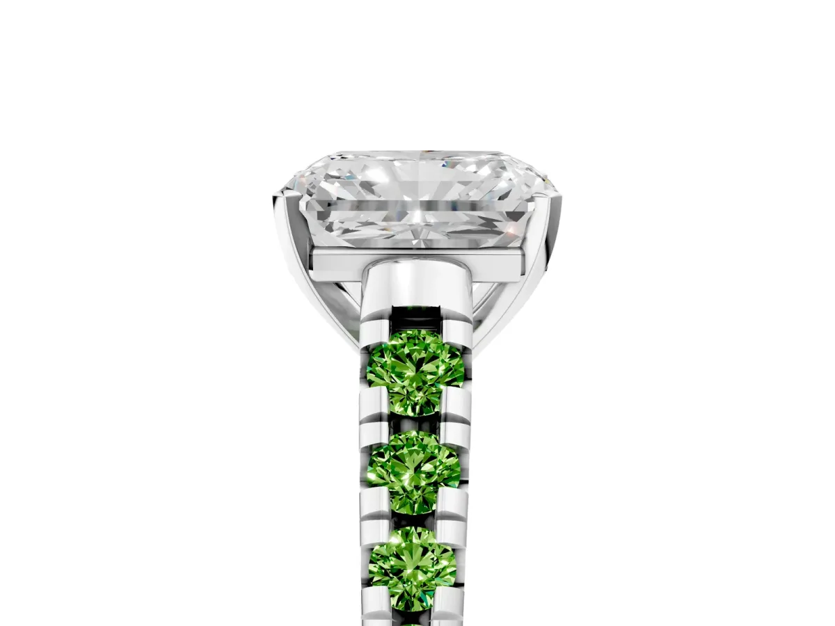 Radiant Cut Diamond Cathedral Solitaire Ring with Round Peridot Pavé Band Silver