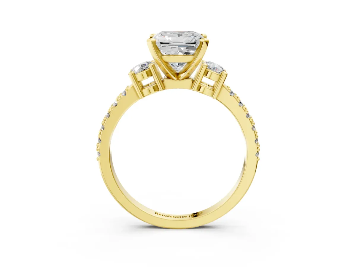 Princess Cut Cut Three-Stone Diamond Pavé Band with Prong Setting Yellow gold