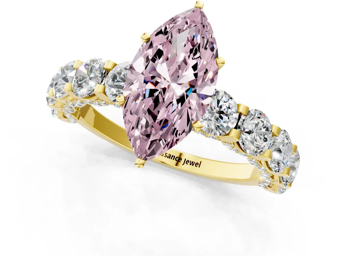 Fancy Pink Marquise Cut Diamond Side Stone Engagement Ring with Four-Prong Setting Yellow gold