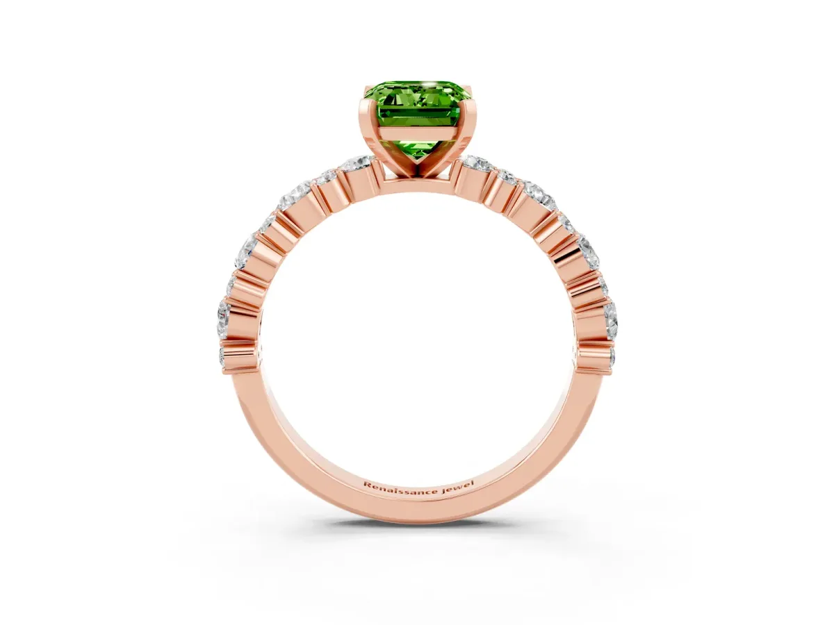 Emerald Cut Peridot Side Stone Solitaire Ring with Round and Four-Prong Setting Rose gold