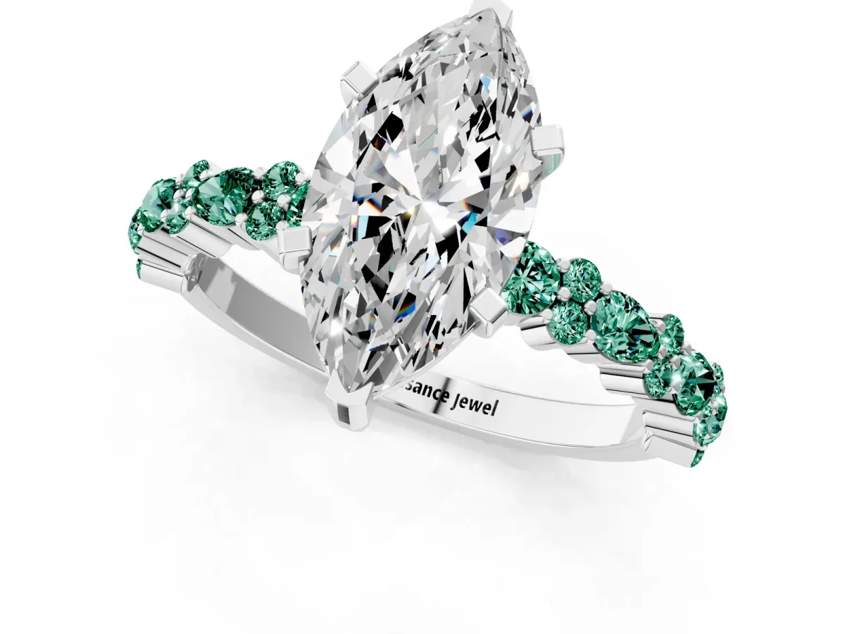 Marquise Cut Diamond Side Stone Solitaire Ring with Round Green Sapphire and Four-Prong Setting Silver