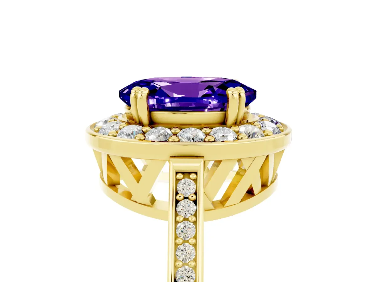 Oval Cut Tanzanite Halo Ring with Split Shank and Four-Prong Setting Yellow gold