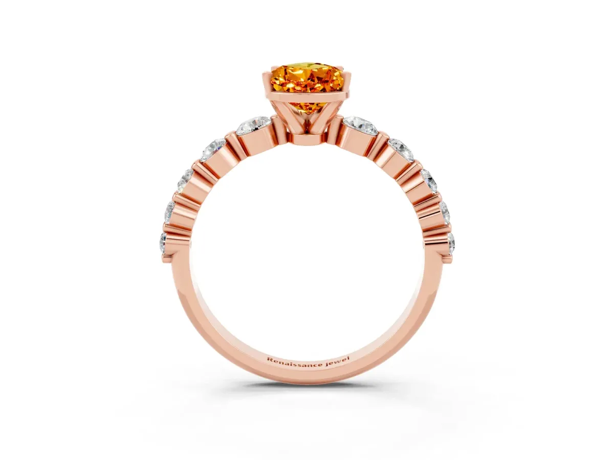 Pear Cut Solitaire Citrine Ring with Pave Band and Four-Prong Setting Rose gold