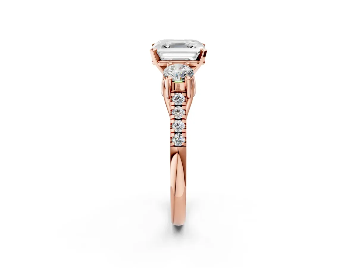 Three-Stone Asscher Cut Diamond Pavé Band with Four-Prong Setting Rose gold