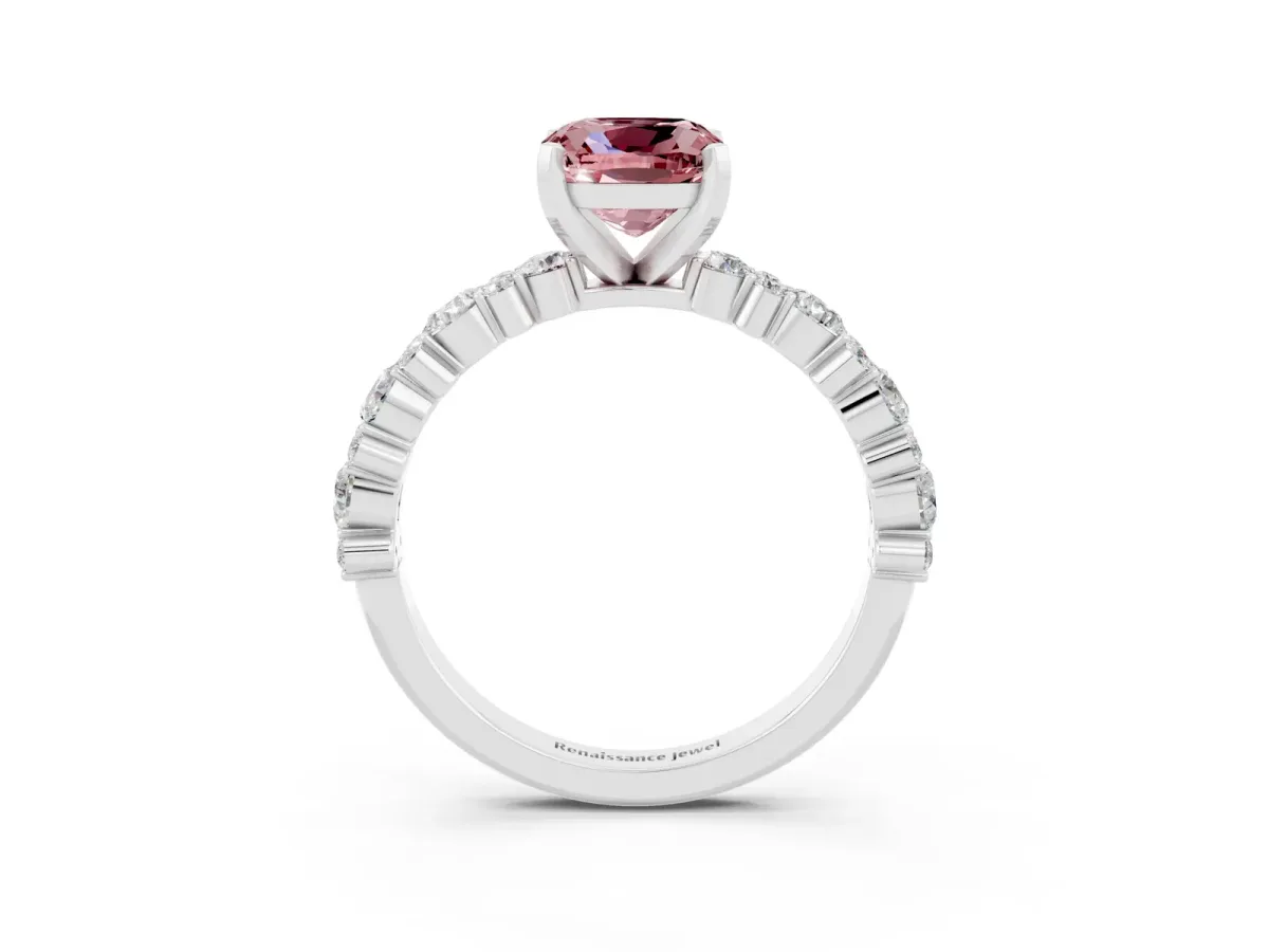 Cushion Cut Morganite Side Stone Solitaire Ring with Round and Four-Prong Setting Platinum
