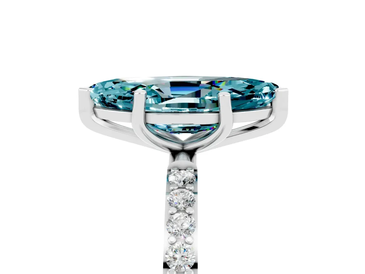 Marquise Cut Blue Topaz Solitaire Ring with Round Pavé Band and Prong Setting Silver