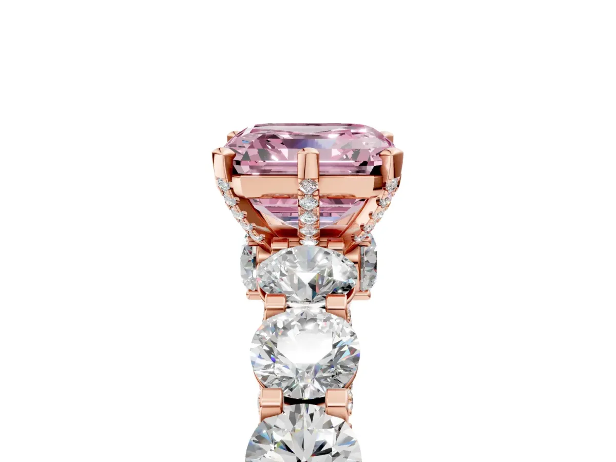 Fancy Pink Asscher Cut Diamond Side Stone Engagement Ring with Four-Prong Setting Rose gold