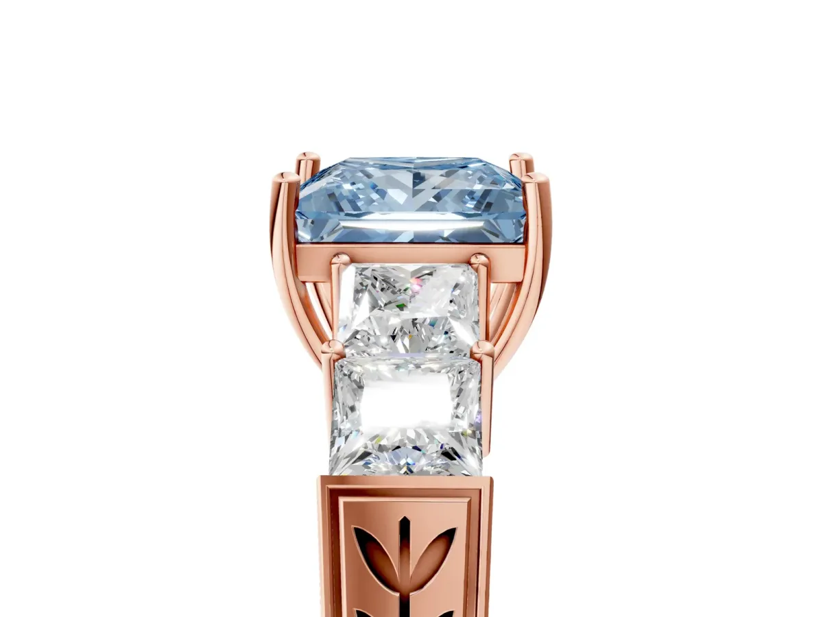Fancy Blue Princess Cut Solitaire Princess Side Stone Engraved Band Prong Setting Ring Rose gold
