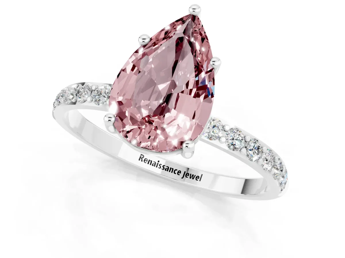 Pear Cut Morganite Solitaire Ring with Round Pavé Band and Prong Setting Platinum