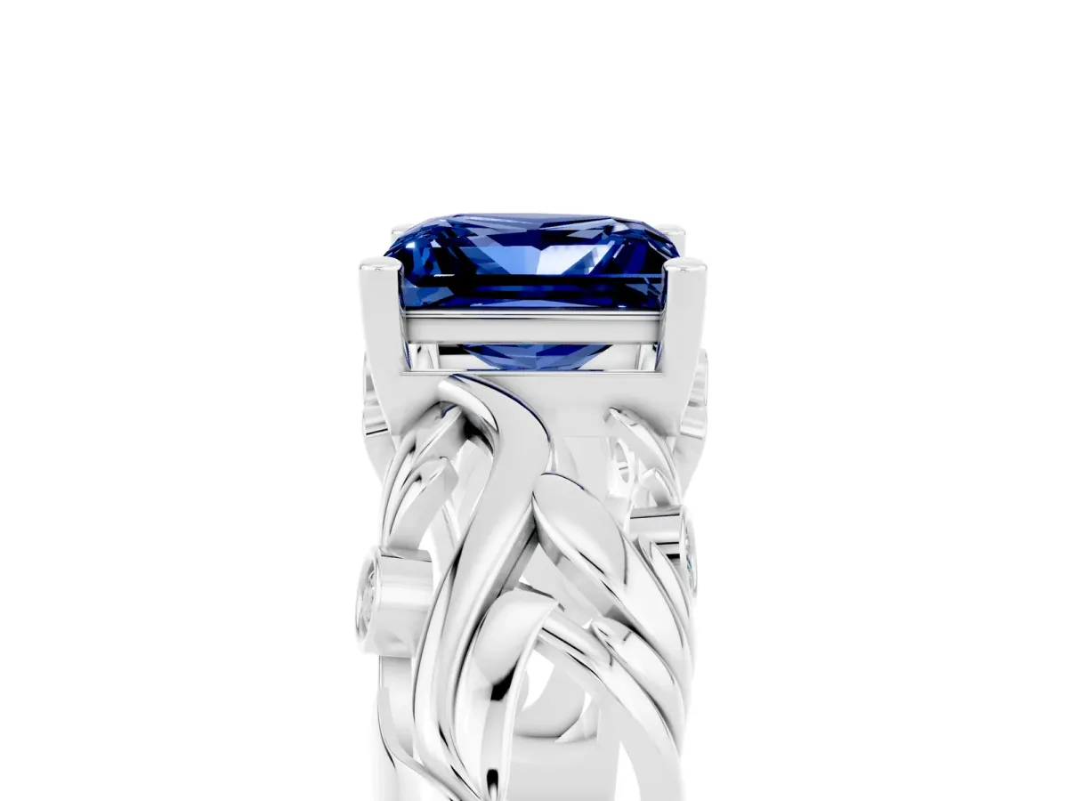 Princess Cut Solitaire Blue Sapphire Leaf-Inspired Vine Band Ring with Prong Setting White gold