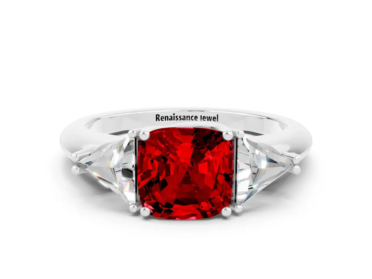 Three-Stone Cushion Cut Ruby Engagement Ring with Trillion Side Stones and Prong Setting White gold