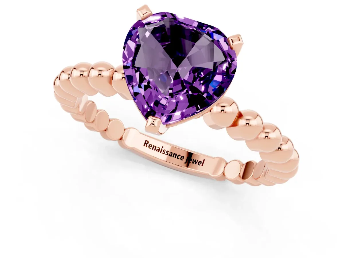 Heart Cut Amethyst Solitaire Ring with Beaded Band and Prong Setting Rose gold