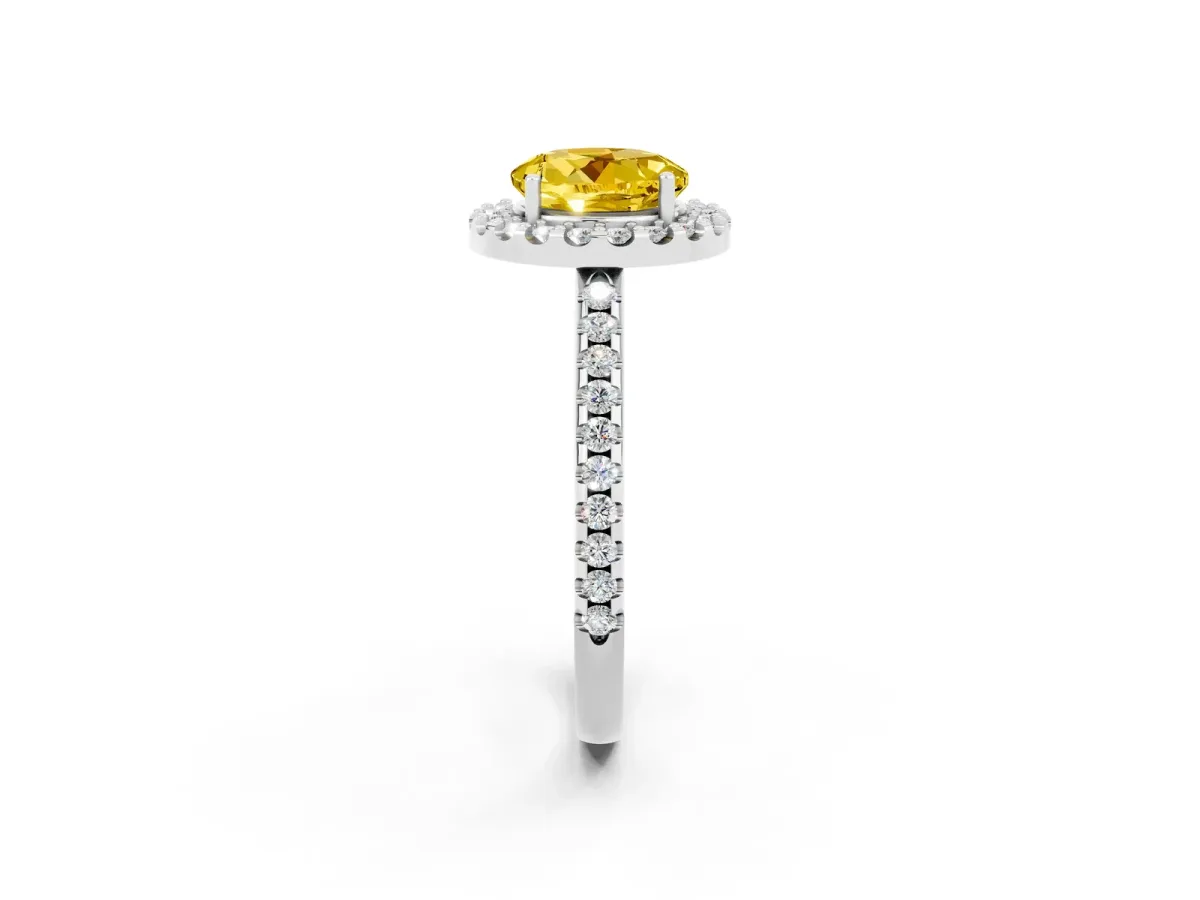 Round Cut Yellow Sapphire Pavé Halo Ring with Four-Prong Setting Platinum