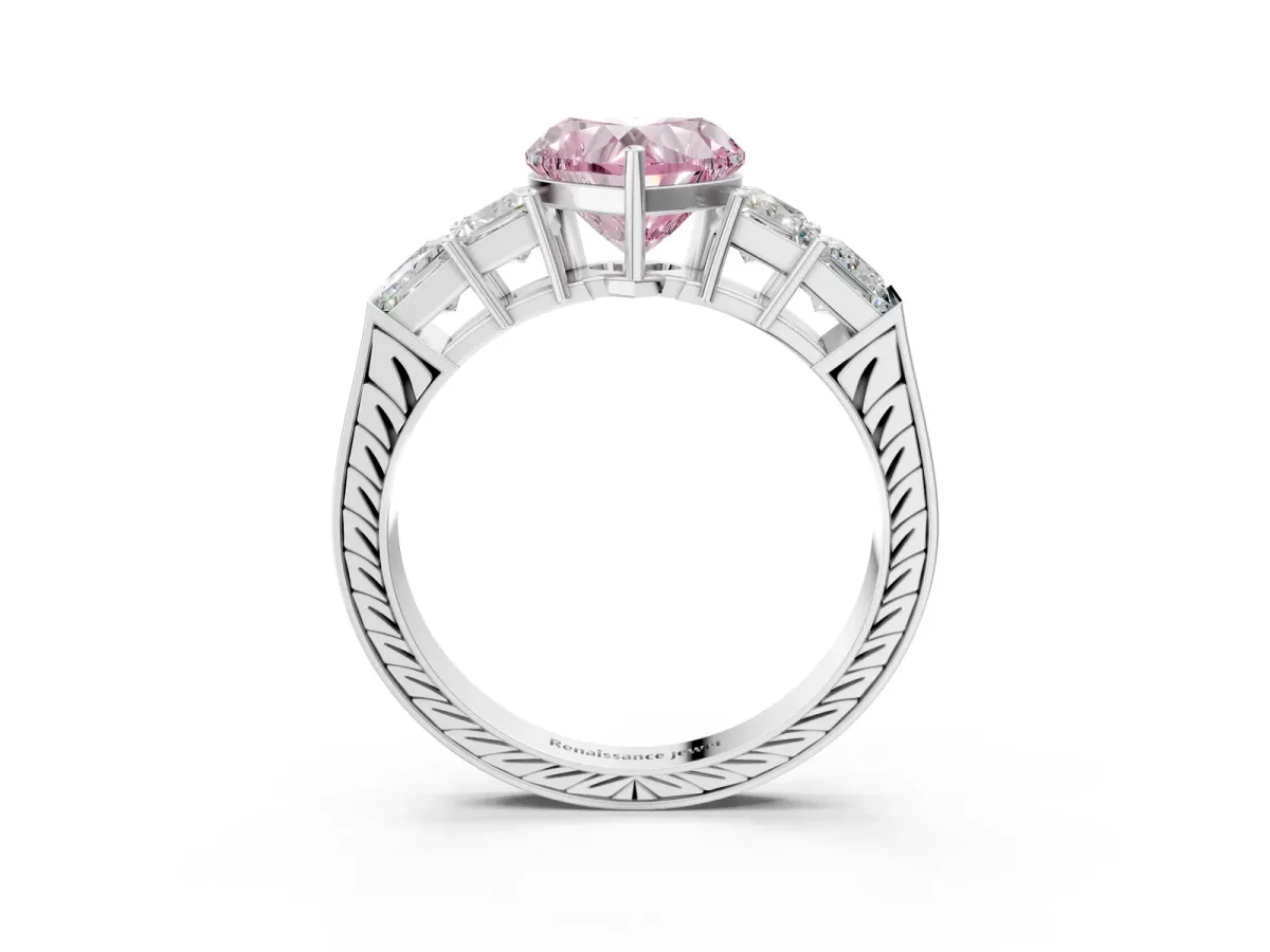 Fancy Pink Heart Cut Solitaire Princess Side Stone Engraved Band Prong Setting Ring Platinum