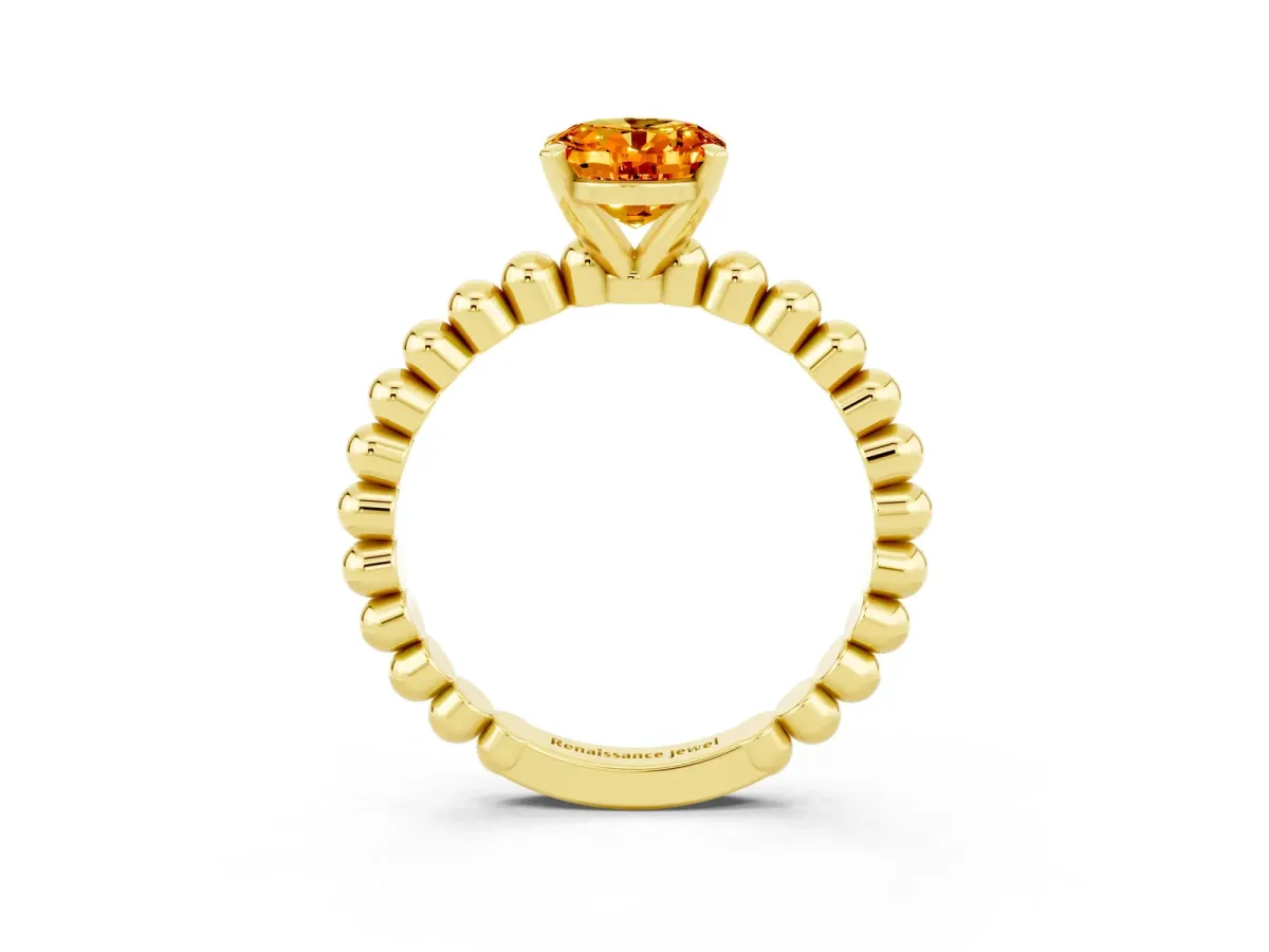 Oval Cut Citrine Solitaire Ring with Beaded Band and Prong Setting Yellow gold