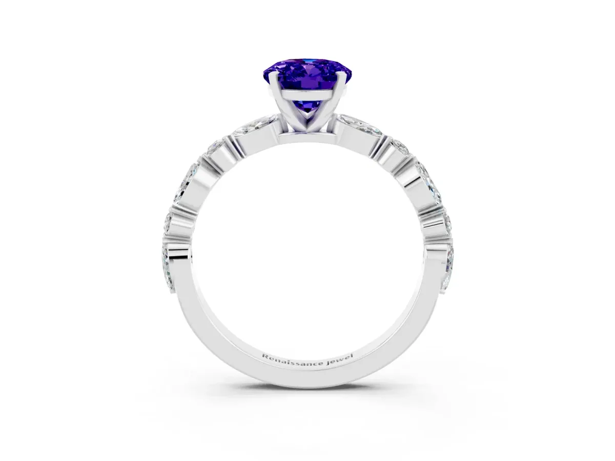 Oval Cut Tanzanite Ring with Marquise and Round Side Stones and Four-Prong Setting Silver