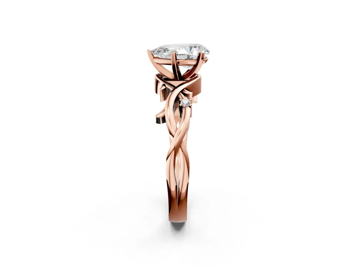 Pear Cut Diamond Solitaire Ring with Twisted Band and Prong Setting Rose gold