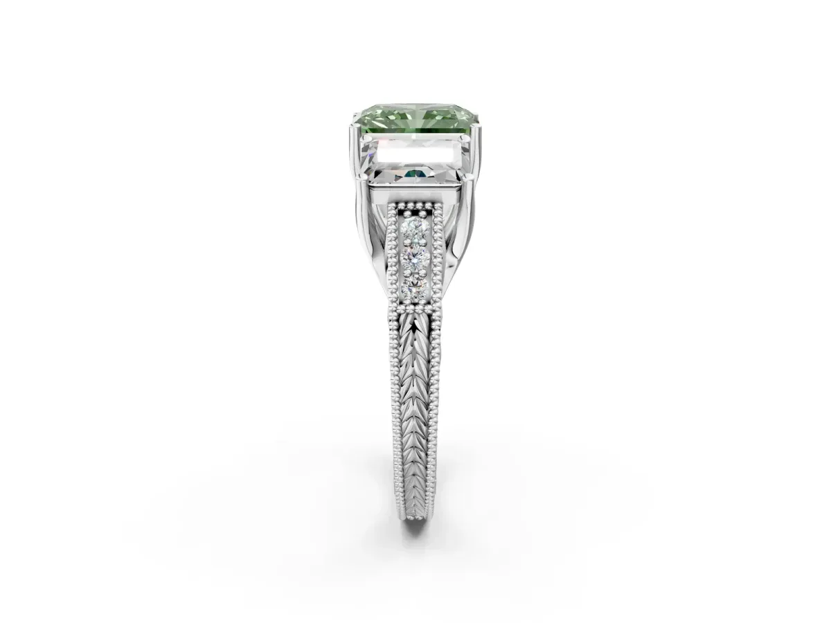 Fancy Green Three-Stone Radiant Cut Cut Milgrain Pavé Engagement Ring Platinum
